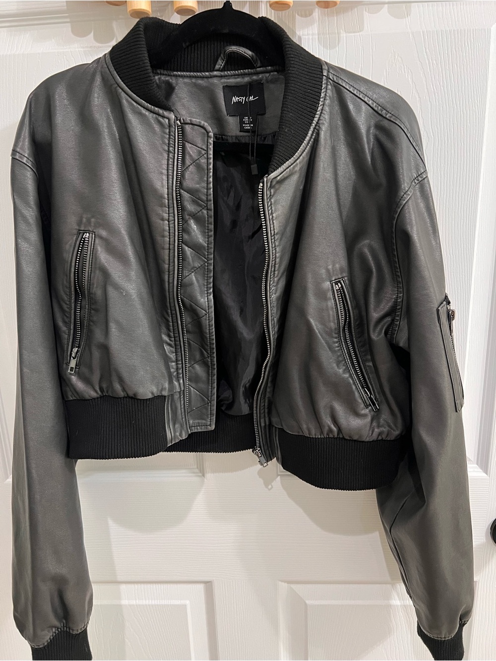 Nasty Gal Black Cropped Faux Leather Bomber Jacket